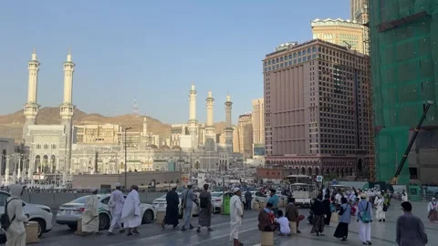 Wide View of Masjid al Haram and Pilgrims Walking in Mecca During Hajj season. Stock Footage 339073889