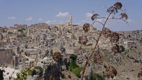 Wide view of Matera, focus on plants in the foreground. Version 2 Stock Footage 288598207