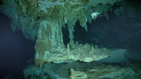 Wide view of multiple limestone columns in cave Stock-Footage 331795584
