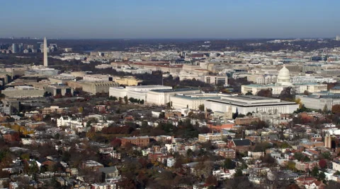 Wide view of National Mall and Capitol Hill in Washington DC; flight crosses Stock Footage 59199455
