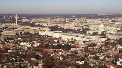 Wide view of National Mall and Capitol Hill in Washington DC; flight crosses Stock Footage