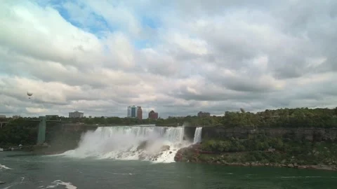 Wide view of Niagara Falls cascading amid lush greenery with city skyline in Stockbeeldmateriaal 293492516