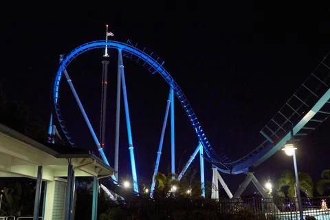 Wide View of Night Roller Coaster and Track Stock Photos