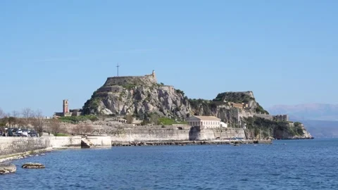Wide View of The Old Fortress of Corfu Greece Citadel Ancient Walls Ionian .. Stock Footage 336594992
