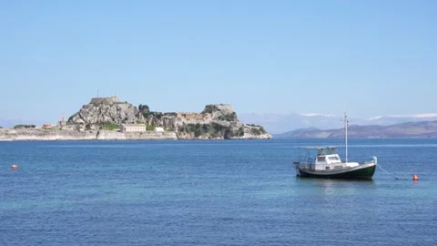 Wide View of The Old Fortress of Corfu Greece Citadel Ancient Walls Ionian .. Stock Footage 336595024