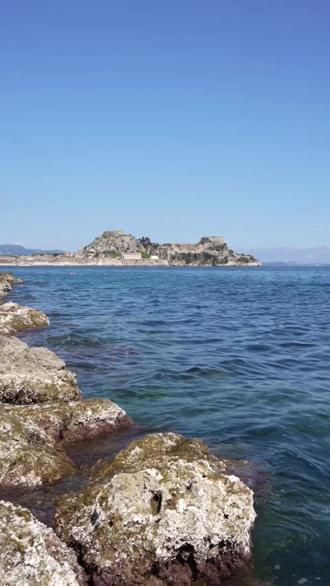 Wide View of The Old Fortress of Corfu Greece Citadel Ionian Sea Rocks in F.. Stock Footage 336595031