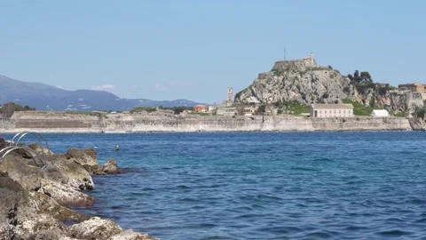 Wide View of The Old Fortress of Corfu Greece Citadel Ionian Sea Rocks in F.. Stock Footage 336595052