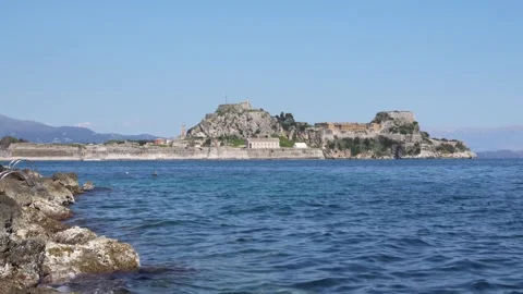 Wide View of The Old Fortress of Corfu Greece Citadel Ionian Sea Rocks in F.. Stock Footage 336595058