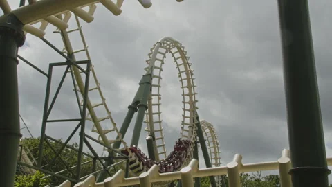 Wide view of or a rollercoaster going down and going through a loop-the-loop on Video stock 337744949