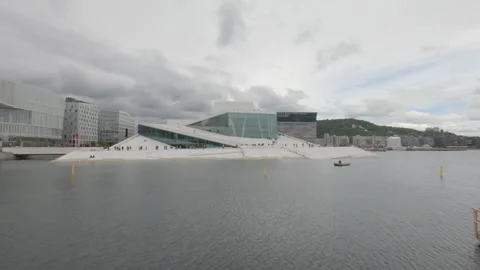 Wide View of Oslo Opera House Across Bjorvika Fjord Stock Footage 340960311