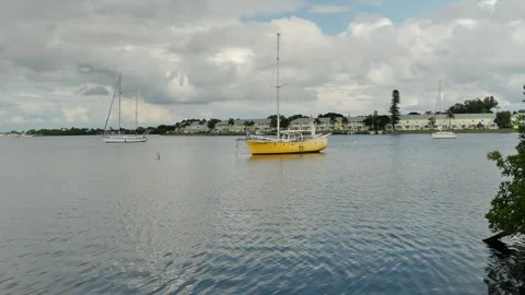 Wide view out framed by green trees over calm blue water towards yellow and whit Stock Footage 284731298
