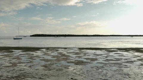 Wide view out over low tide puddles towards sailboat at Maximo Park water toward Stock Footage 284730604