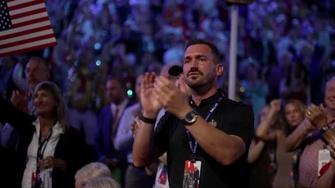 Wide view of the packed arena beneath the 2026 Republican Convention banner Stock Footage 345274921