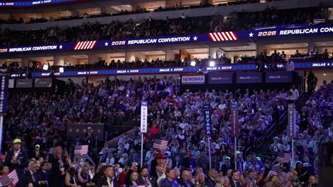Wide view of the packed arena beneath the 2026 Republican Convention banner Stock Footage 345274934