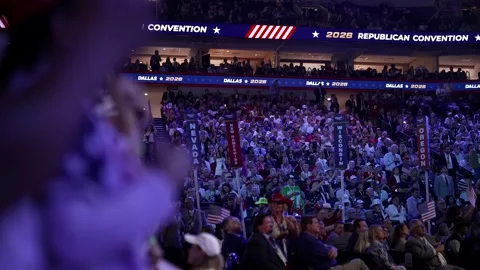 Wide view of the packed arena during President Donald Trump's speech Stock Footage 345274244