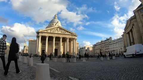 Wide View of Pantheon Monument and Square Under Blue Sky in Paris Stock Footage 327341791