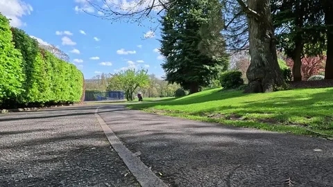 Wide view of a park pathway in Lister Park Bradford Stock Footage 333794043