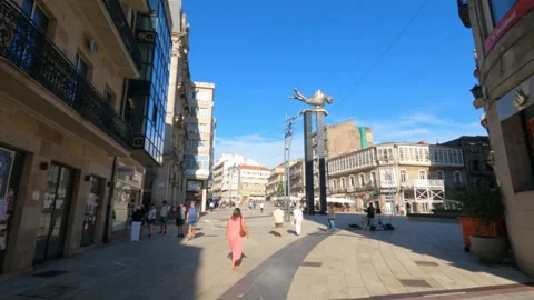 Wide View of Porta do Sol Plaza with O Sireno Statue in Vigo Spain Видео 347828445