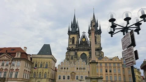 Wide view of Prague Old Town Square with the Church of Our Lady before Tyn Stock Footage 337924968