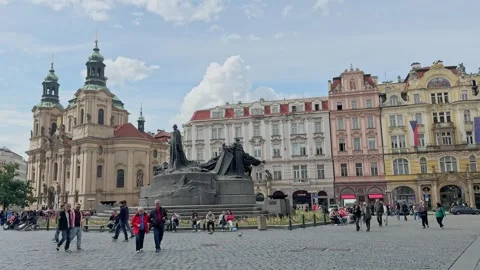 Wide view of Prague Old Town Square showing the Jan Hus Memorial and Baroque St Stock Footage 342342198