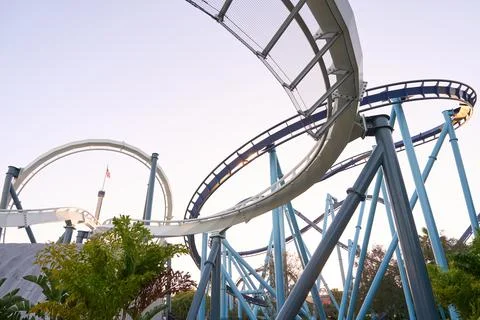 Wide View Of Roller Coaster Loops And Supports Stock Photos