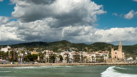 Wide view seafront of "SITGES". Smooth camera movement: Zoom in.Hyper lapse. Stock Footage 89811870
