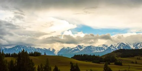 Wide view of a section of the snow-capped rocky mountains with trees in the Stock Photos