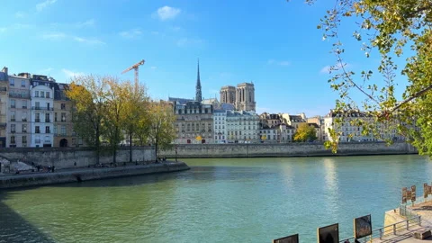 Wide view of the Seine river with Notre Dame in the background in Paris 動画素材 330876368