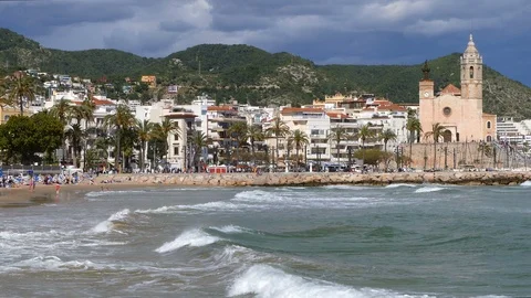 Wide view of "SITGES" from the sea. Video stock 90282282