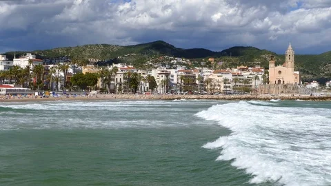 Wide view of "SITGES" from the sea. Stock Footage 90283041