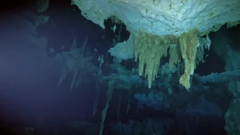 Wide view of stalactite ceiling formations in cave Stock-Footage 331796605
