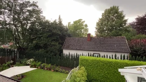 Wide View of Summer Rain Across Lush Residential Garden Landscape Stock Footage 340213865