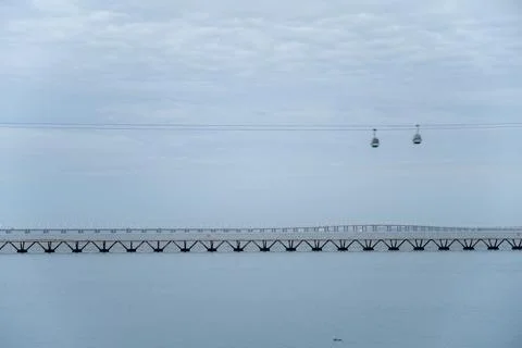 Wide view of Tagus river with cable cars Stock Photos