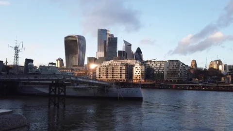 Wide view of the Thames River and The new skyline of London. 4K. Stock Footage 126280095