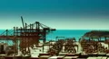 Wide view trading port cranes trucks big activity HD Footage