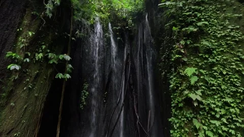 Wide view of tropical waterfall between black cliffs on Bali island Stock Footage 339954306