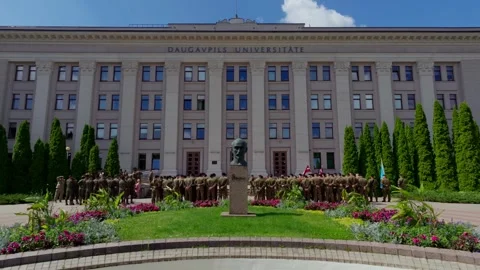 Wide view of university building in Daugavpils with military parade standing 스톡 동영상 341392753
