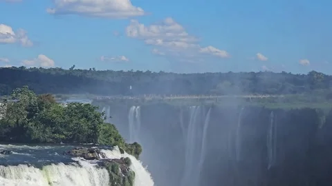 Wide View of Waterfall Cliff Edge and Mist Over Gorge, Iguazu, Brazil 4K Stock Footage 306476704