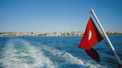Wide wake trail from boat, back view. Deep blue water, trace from ship Stock Footage 219286109