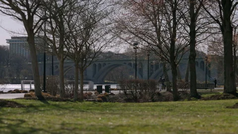 Wide of Washington DC Georgetown Waterfront Potomac River Stock Footage 155755635