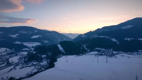 Wide winter valley with sunset sky Video stock 327602256