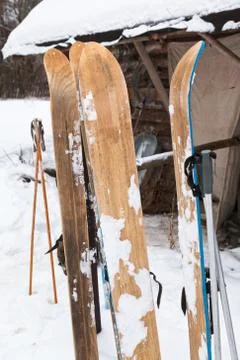 Wide wooden hunting skis Stock Photos