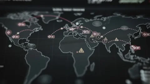 Wide World Map Displaying Multiple Regional Security Threats 4K Stock Footage 341325938