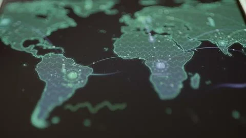 Wide world map view links illuminated infrastructure nodes across South Stock Photos