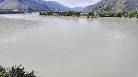 Wide Yangtze River Bend with Sandbar and Mountains Stock Footage 340130340