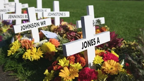 Wider dolly of Flowers and crosses Anzac Day 25th April 2014 Portland Victoria. Stock Footage