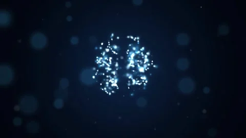 Widescreen animation of a particle brain glowing at the center, its left and Stock Footage 347602558