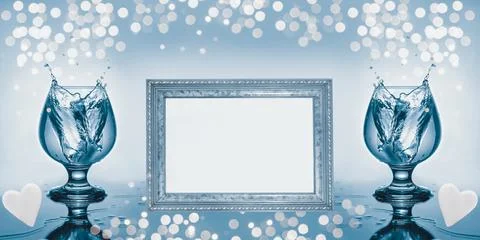 Widescreen background with text frame, glass with splashes, bokeh and hearts 写真素材