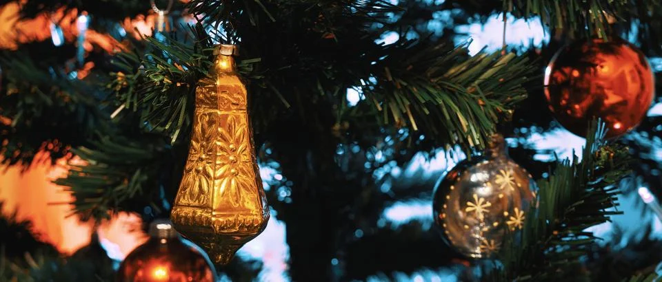 Widescreen image of an artificial Christmas tree with decorations Stock Photos
