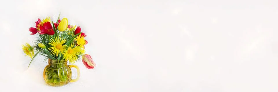 Widescreen light background with a bouquet of spring flowers 写真素材